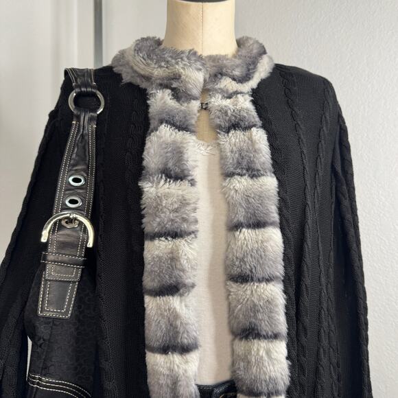 Ming Wang Black Faux Fur Cable Knit Cardigan Sweater Size 0X Glam Quiet Luxury - Picture 3 of 12
